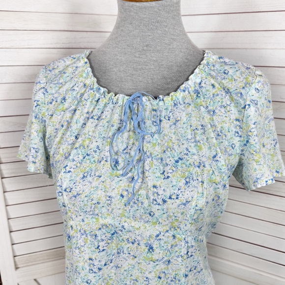 Vntg Villager Liz Claiborne Ditsy Floral Cinch Neck Linen Maxi Dress Blue Medium - Picture 5 of 12